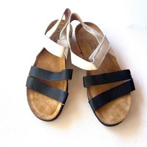 NAOT new black white leather strappy adjustable flat sandals 38 7.5